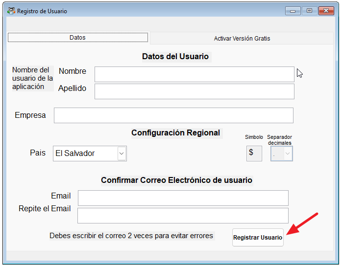 Software ContaPortable - Registro de usuario